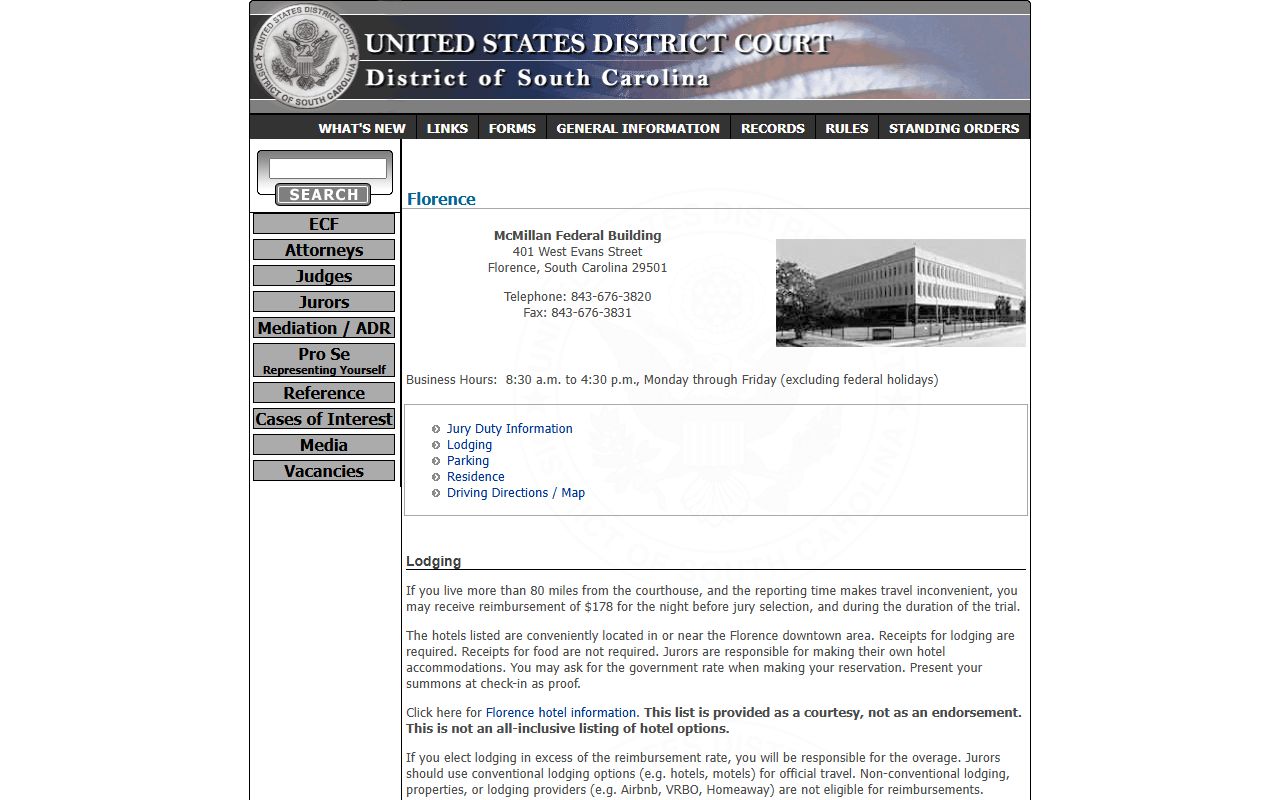 Federal court records for Chesterfield County residents in Florence South Carolina