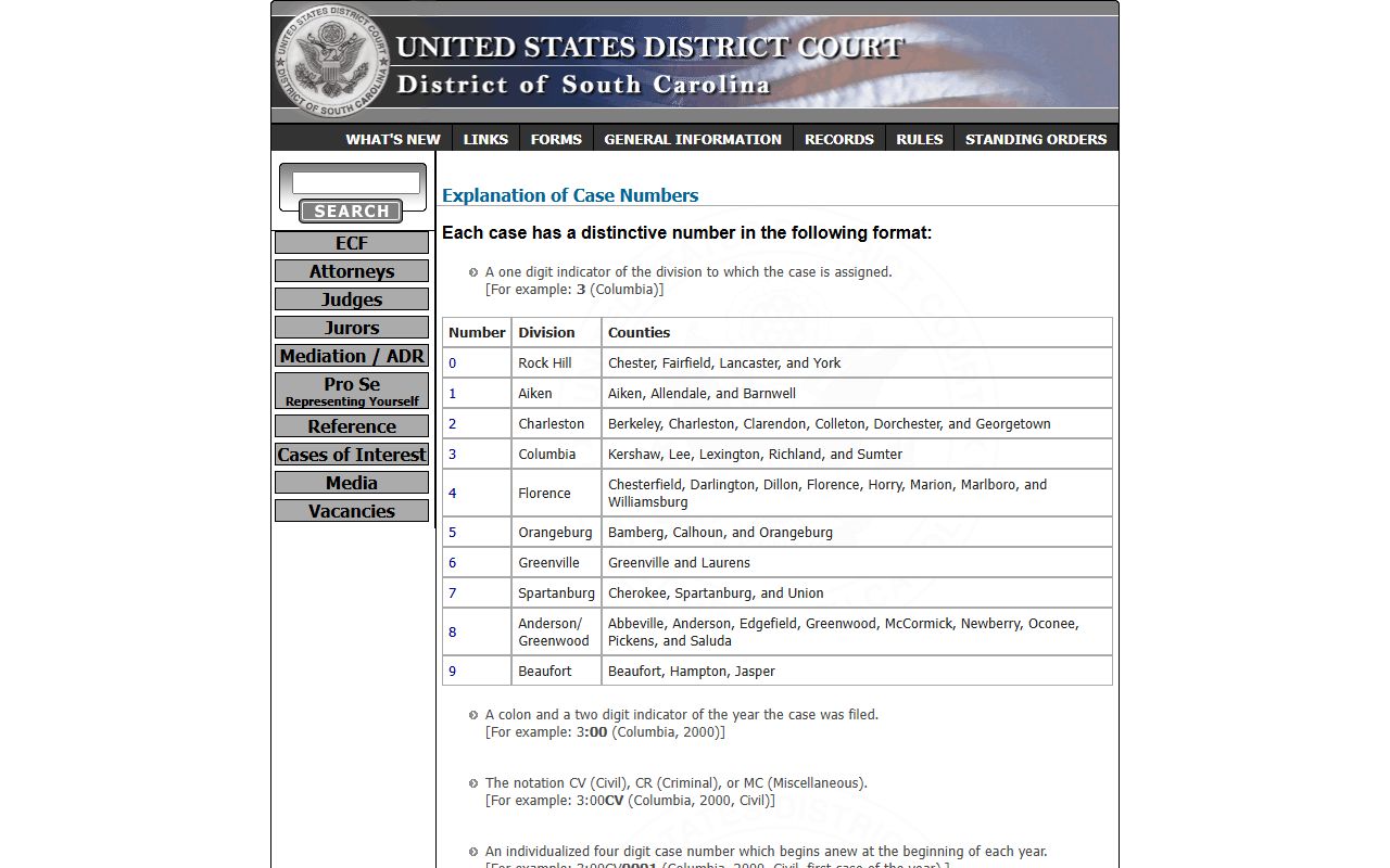 Federal case number format for Chesterfield County federal records