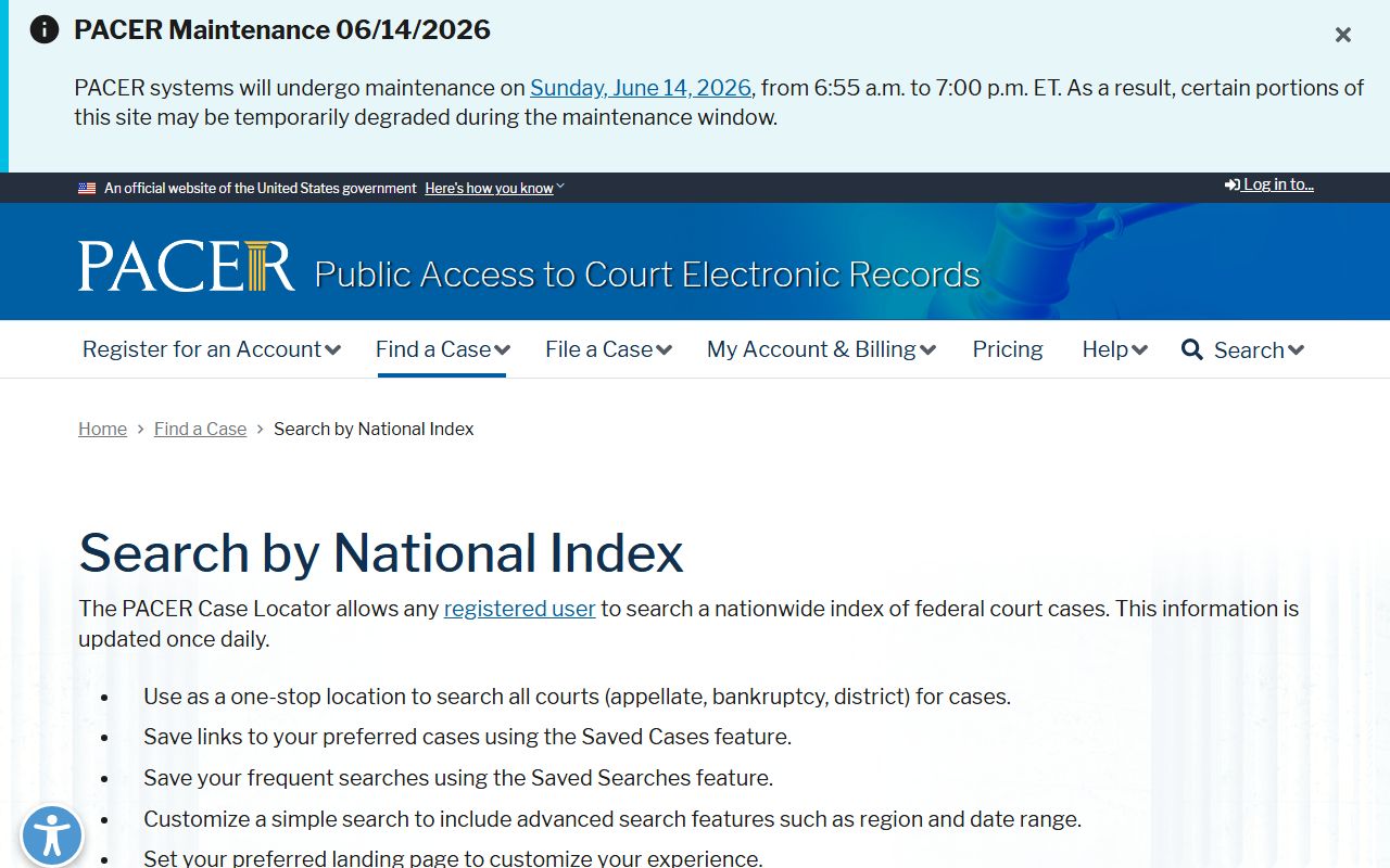 PACER Case Locator for Chesterfield County federal case searches