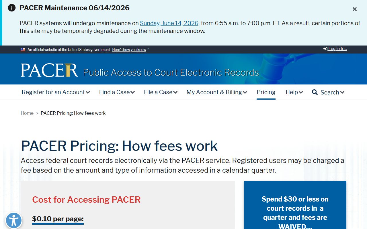 PACER fee rules for Chesterfield County federal case searches