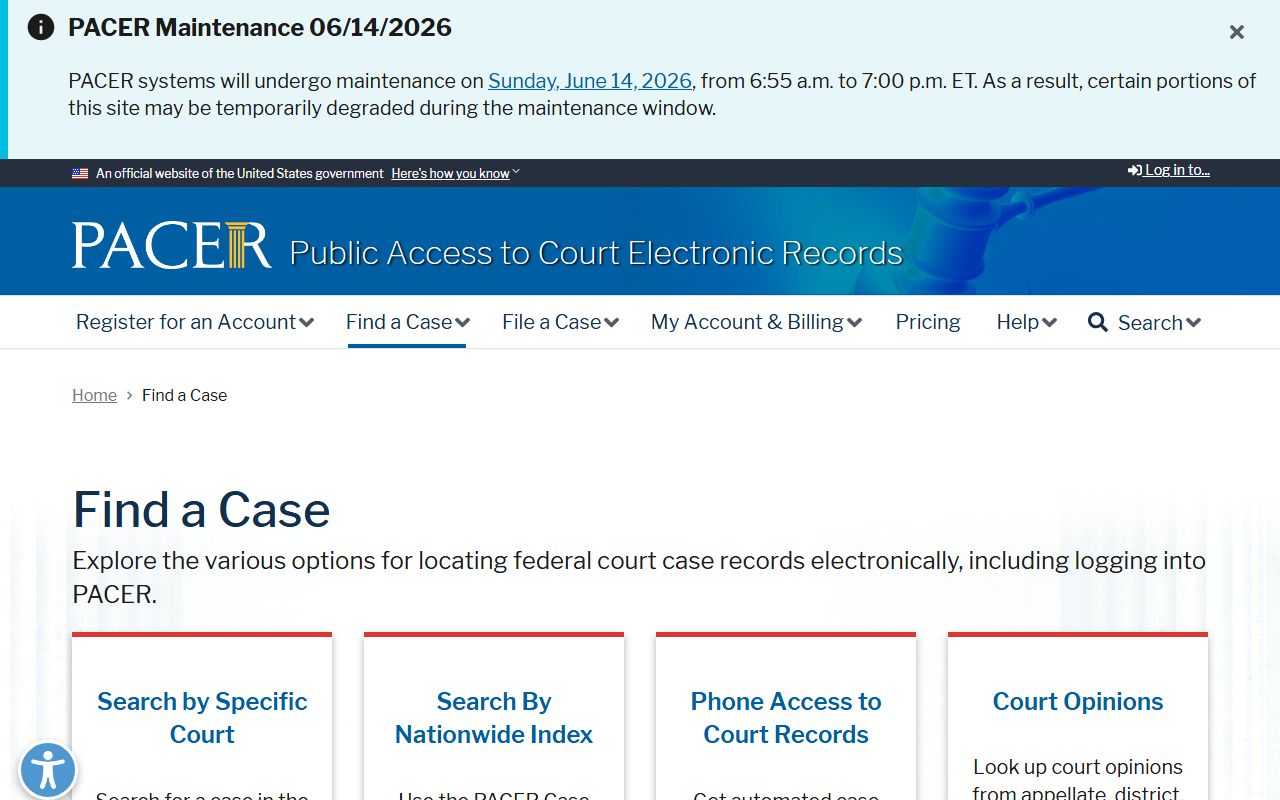 PACER find a case source for Chesterfield County federal records