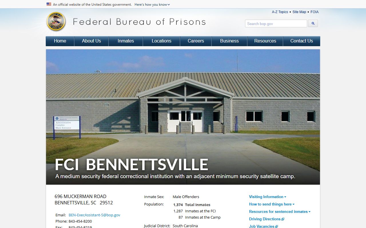 Chesterfield County inmate records BOP FCI Bennettsville source