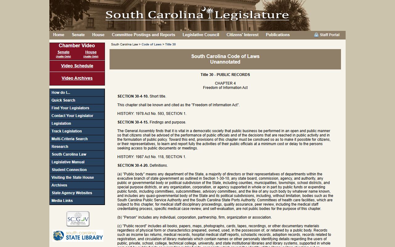 Chesterfield County inmate records South Carolina FOIA public records statute