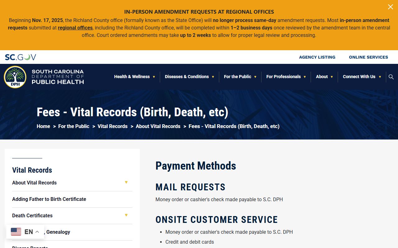 Chesterfield County marriage and divorce records DPH vital record fees