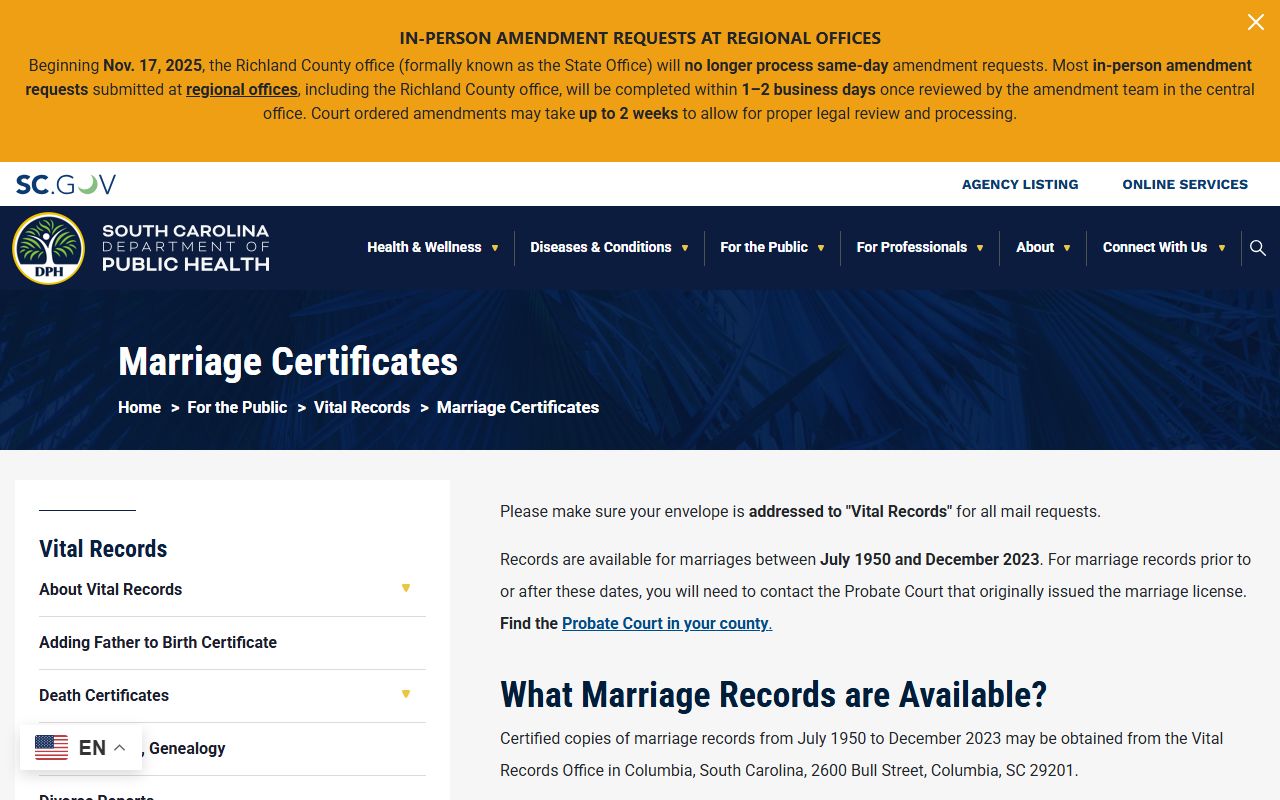 Chesterfield County marriage records DPH marriage certificate request